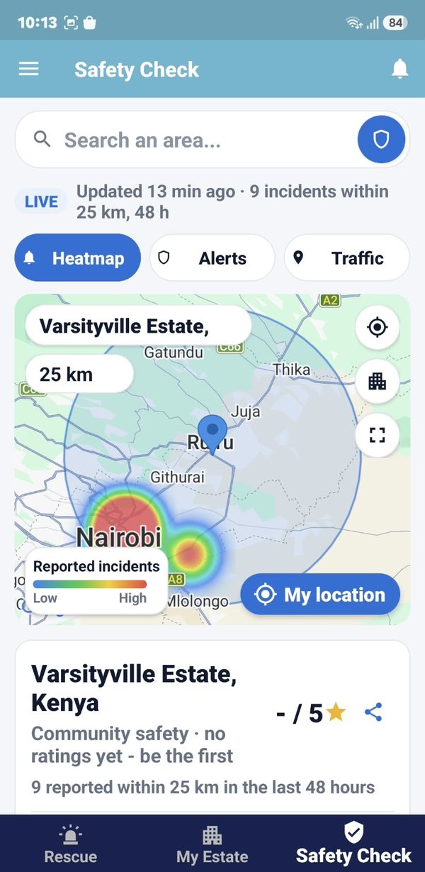 Jilinde Safety Check - live incident heatmap and area rating