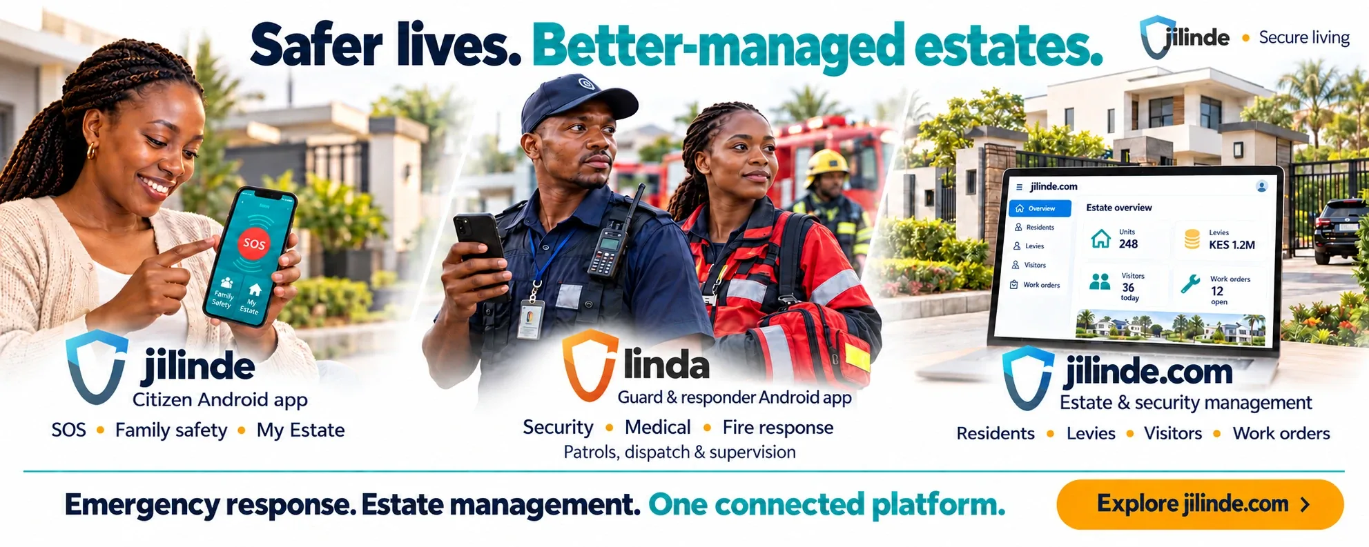 Jilinde - safer lives, better-managed estates. Jilinde citizen app (SOS, family safety, My Estate), Linda guard and responder app (security, medical, fire response), and jilinde.com estate and security management (residents, levies, visitors, work orders).